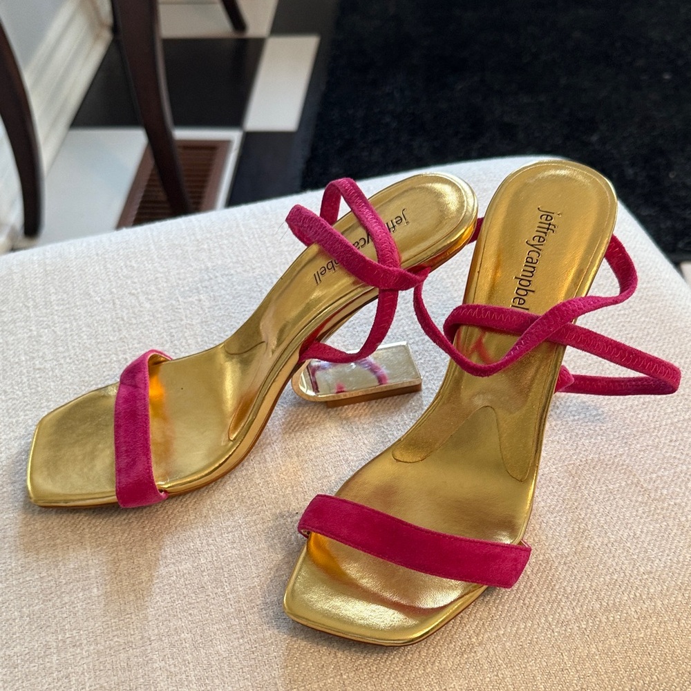 Jeffrey Campbell Fuchsia Suede and Gold Strappy Heels Size 8
